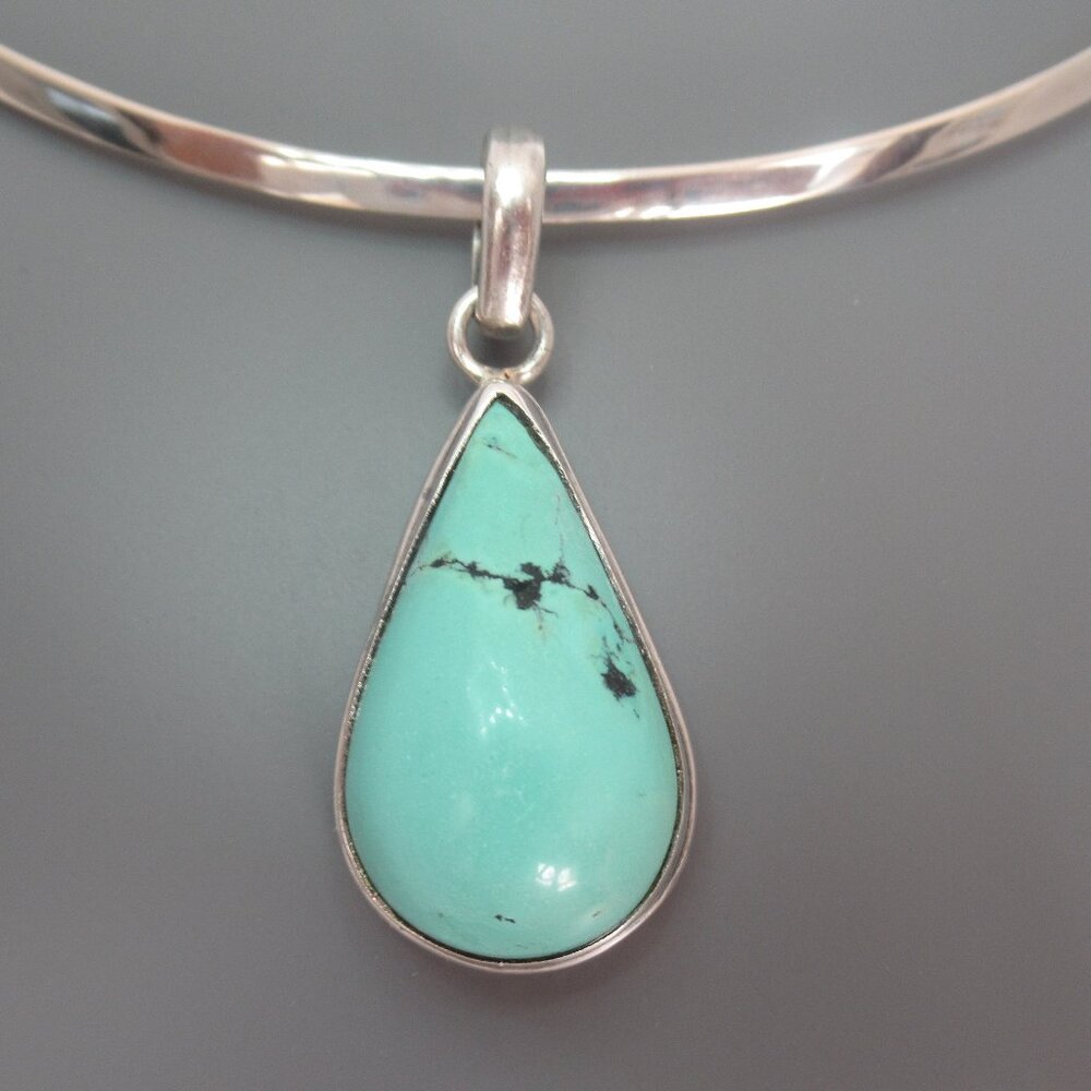 Southwestern 925 Sterling Silver & Turquoise Teardrop Pendant, 2" H